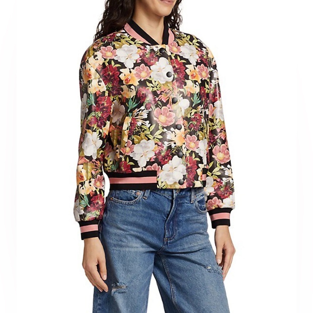Alice+Olivia Juniper Floral  Keri Vegan Leather Women’s Varsity Jacket Size S